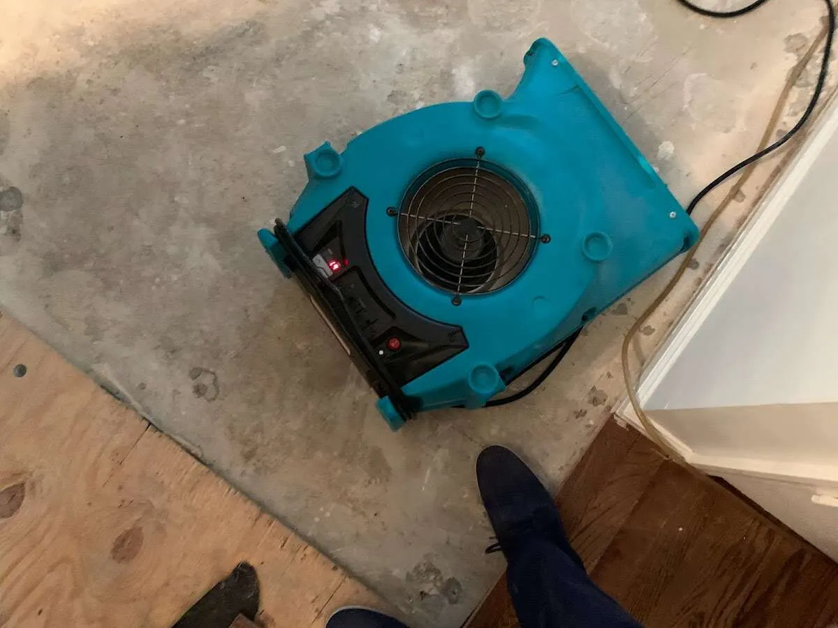 Air mover drying subfloor during Leak Detection & Repair in Fairport